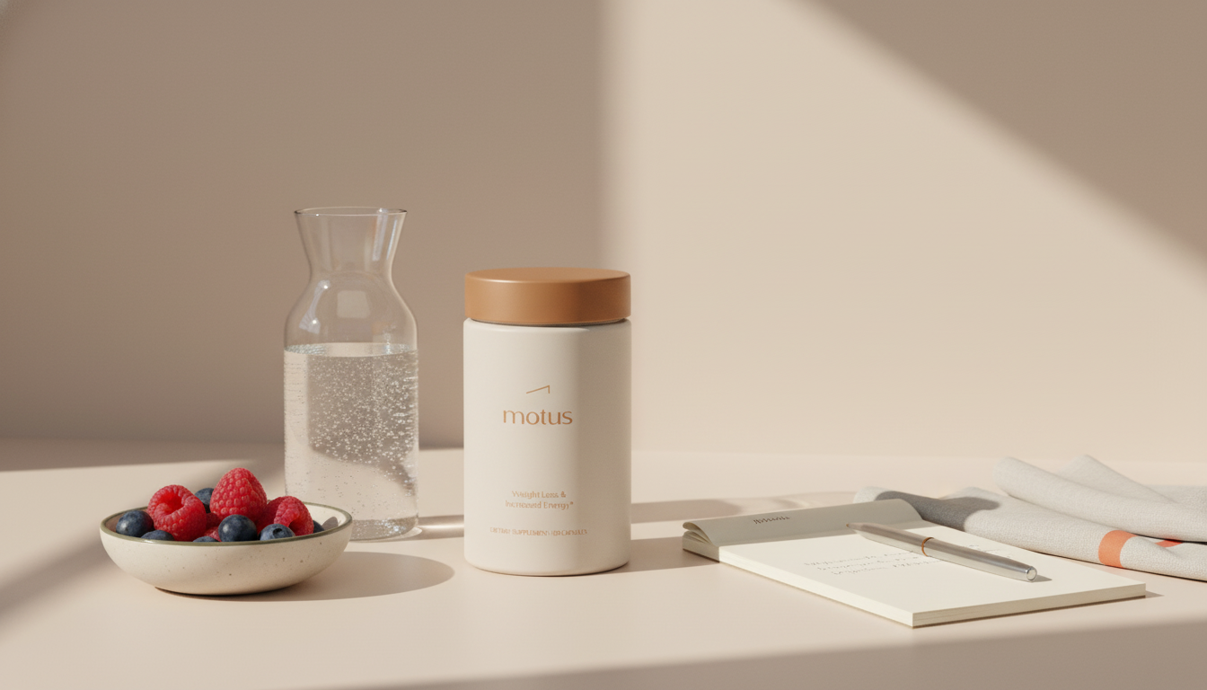 Minimalist kitchen scene with Motus supplement jar beside a carafe, bowl of berries and notepad, representing the best weight loss drug in a clean wellness context.