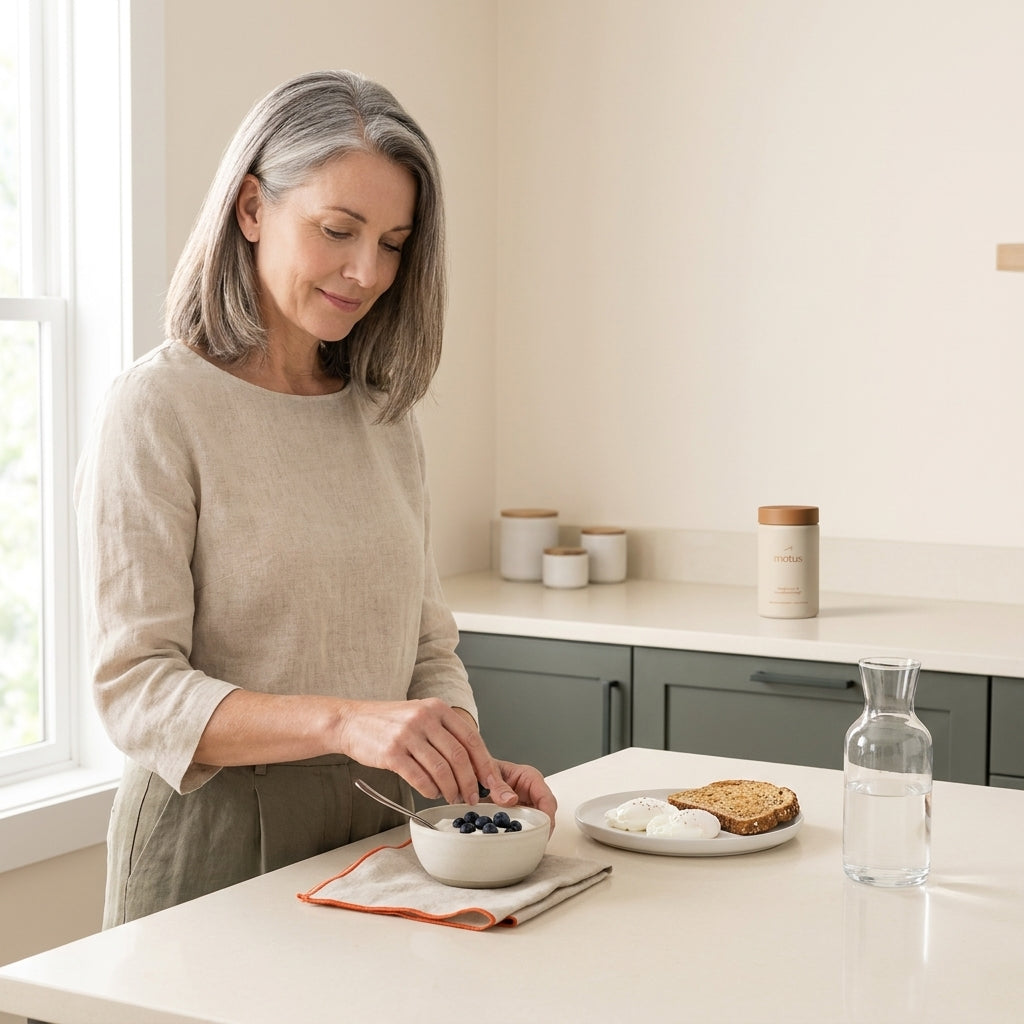 Midlife woman preparing a protein-rich breakfast in a minimalist kitchen with a Tonum Motus supplement jar visible on the counter — best weight loss for postmenopausal