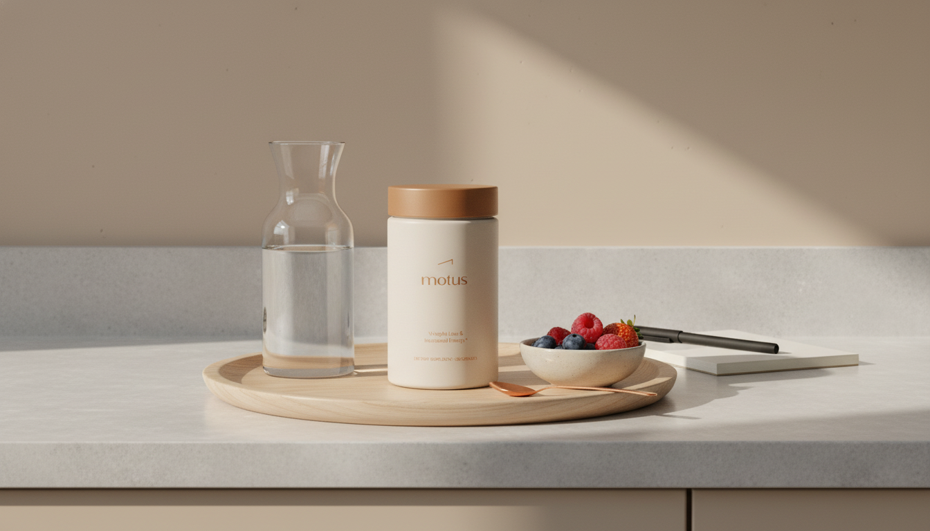 Minimalist kitchen still life with Tonum Motus supplement jar, carafe, bowl of berries and notebook on a wooden tray, calm clinical-lifestyle composition — best weight loss pill FDA approved