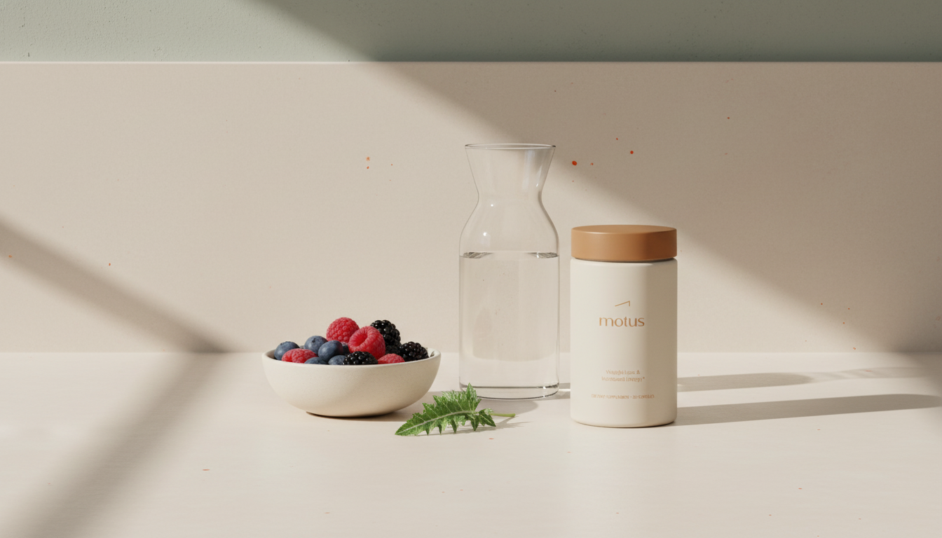 Minimalist kitchen countertop with Tonum Motus supplement jar beside a glass carafe, bowl of berries and a milk thistle leaf on a #F2E5D5 background — best weight loss pills.