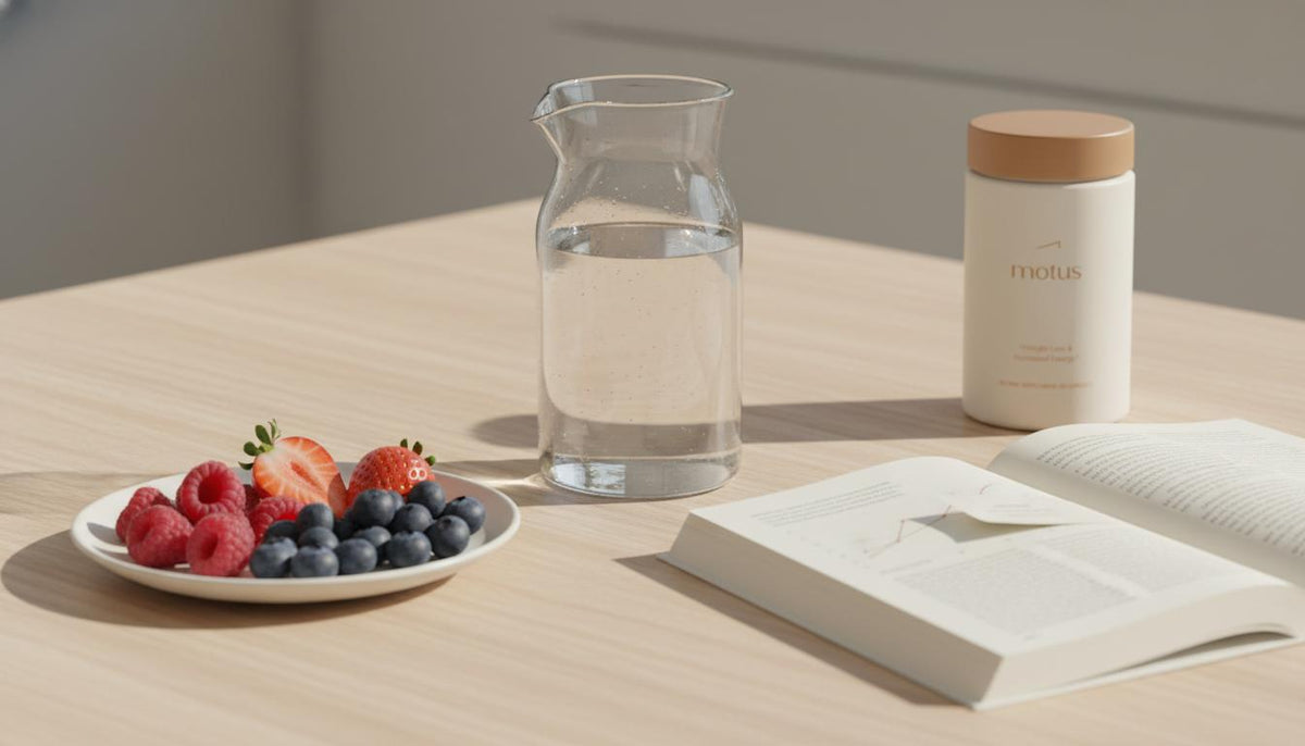 Minimalist still life with carafe of water, mixed berries and an open scientific journal beside a Tonum supplement jar on a beige background — how much of the brain is water