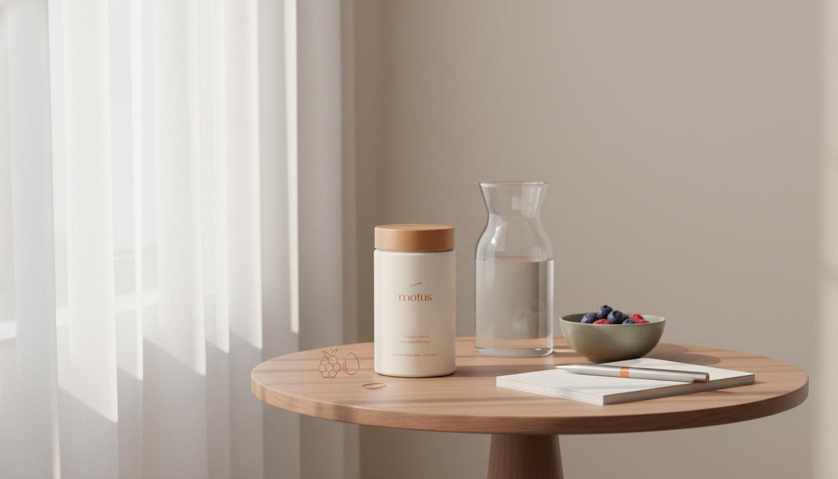 Minimalist bedside scene with Motus supplement jar, water carafe, bowl of berries and notepad in Tonum palette — how to increase fat burning as a female