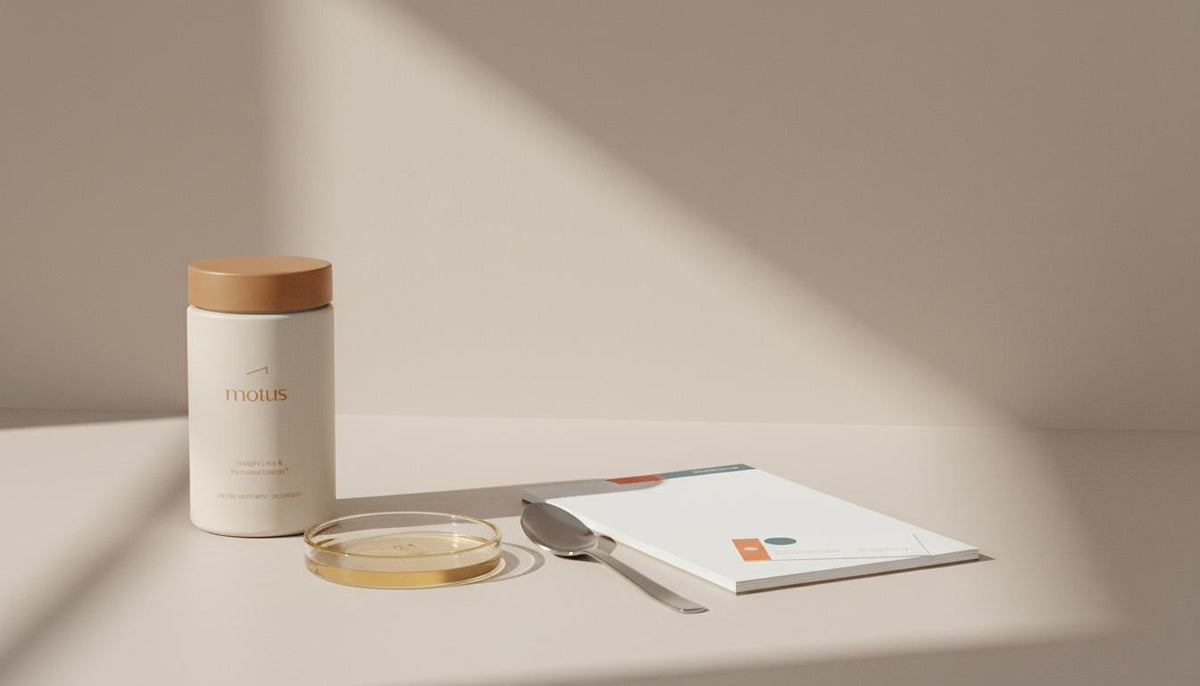 Minimal clinical kitchen counter with glass dish of pale golden bile-like liquid, notepad and Tonum product from reference photos — conceptual image for bile acid diarrhea.