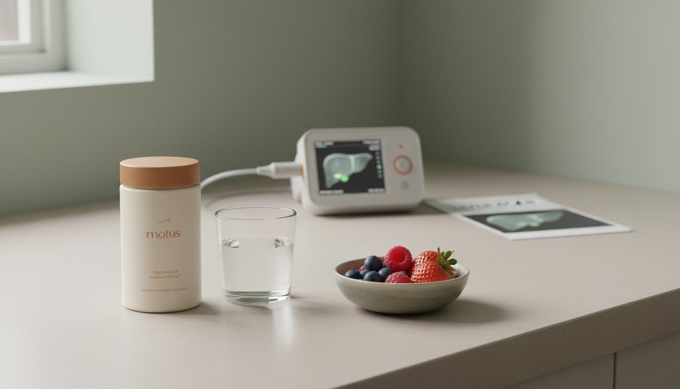 Minimal kitchen counter with Tonum Motus container beside a glass of water and bowl of berries, blurred elastography scan in background hinting at liver monitoring and blood pressure medications fatty liver