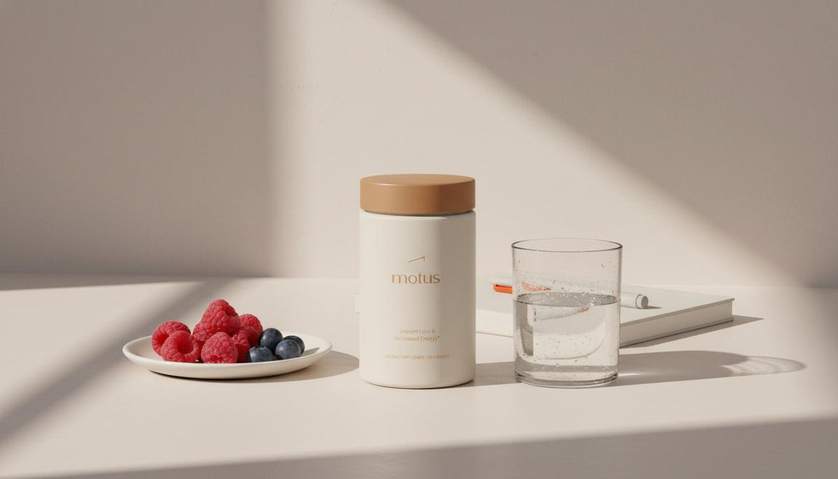 Minimalist kitchen scene with Tonum Motus supplement jar beside a glass of water, plate of berries and a notebook on a soft #F2E5D5 background — blood sugar pills for weight loss