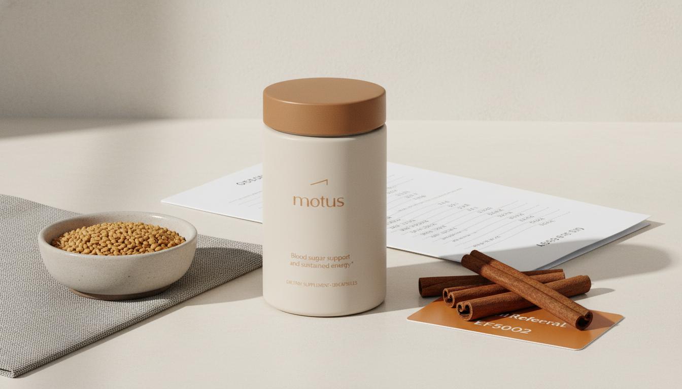 Minimalist still-life of Tonum Motus next to fenugreek seeds, cinnamon sticks and a folded glucose report on a counter — blood sugar supplements that work