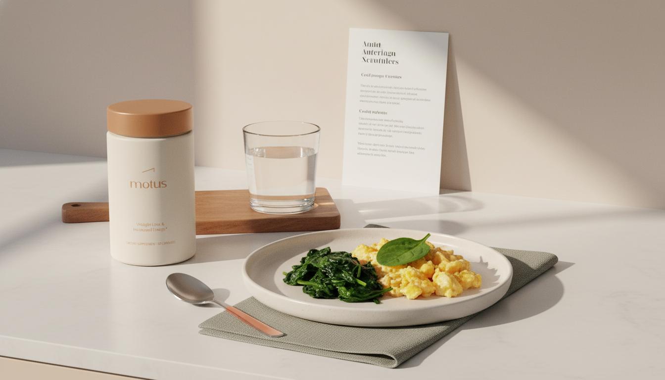 Minimalist morning kitchen counter with Tonum Motus supplement jar beside a protein breakfast of eggs, spinach and water, evoking routines to boost female metabolism