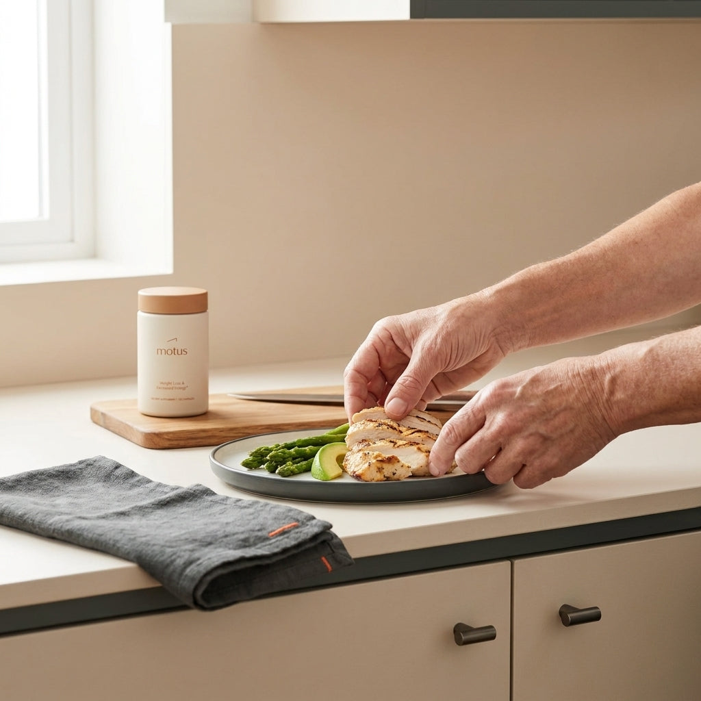 Midlife adult preparing a protein-forward meal in a minimalist kitchen with a Tonum Motus supplement jar on the counter to boost metabolism after 40.