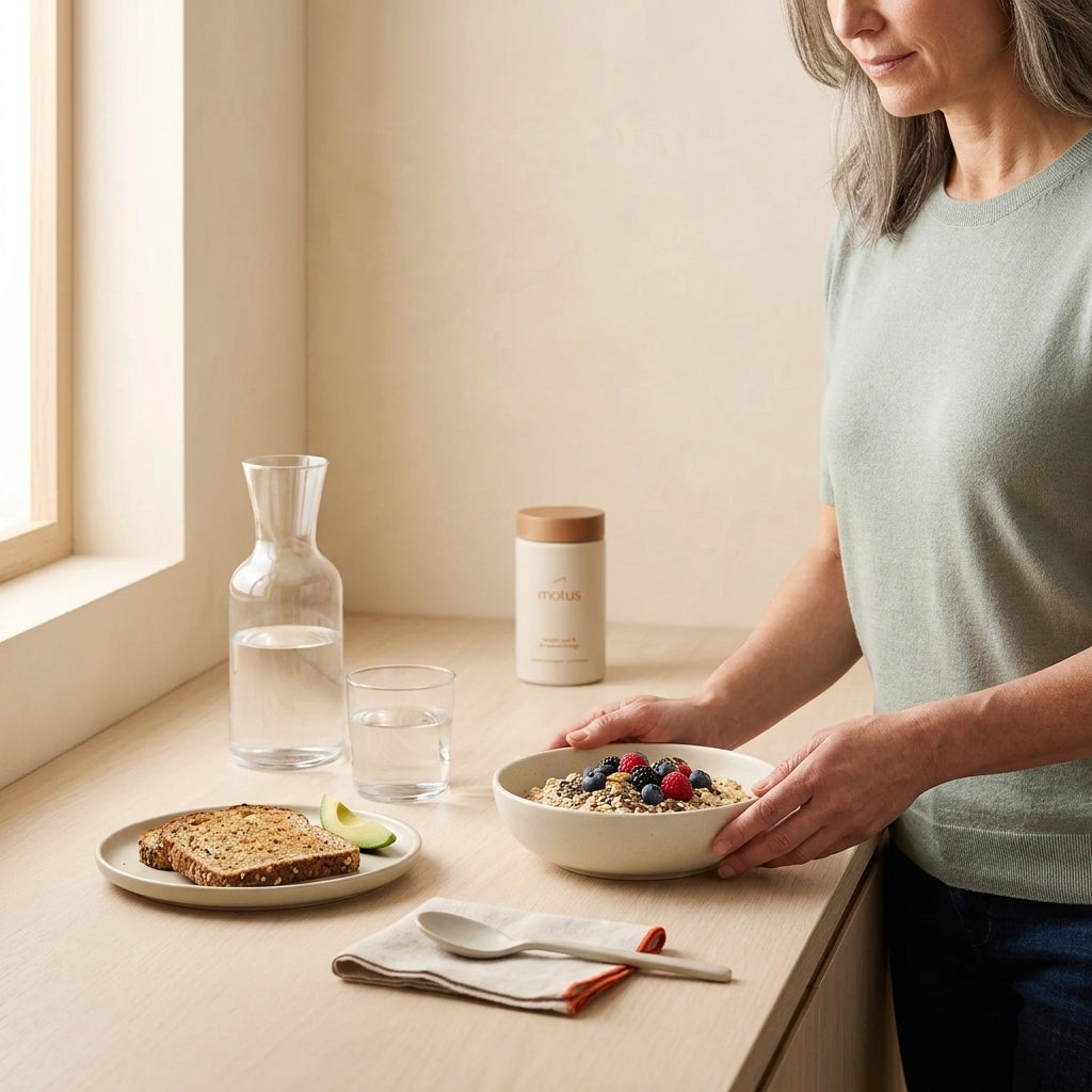 Midlife adult preparing fiber-rich breakfast at a clean kitchen counter with a Tonum Motus container visible in the background, illustrating how to boost metabolism after 40.