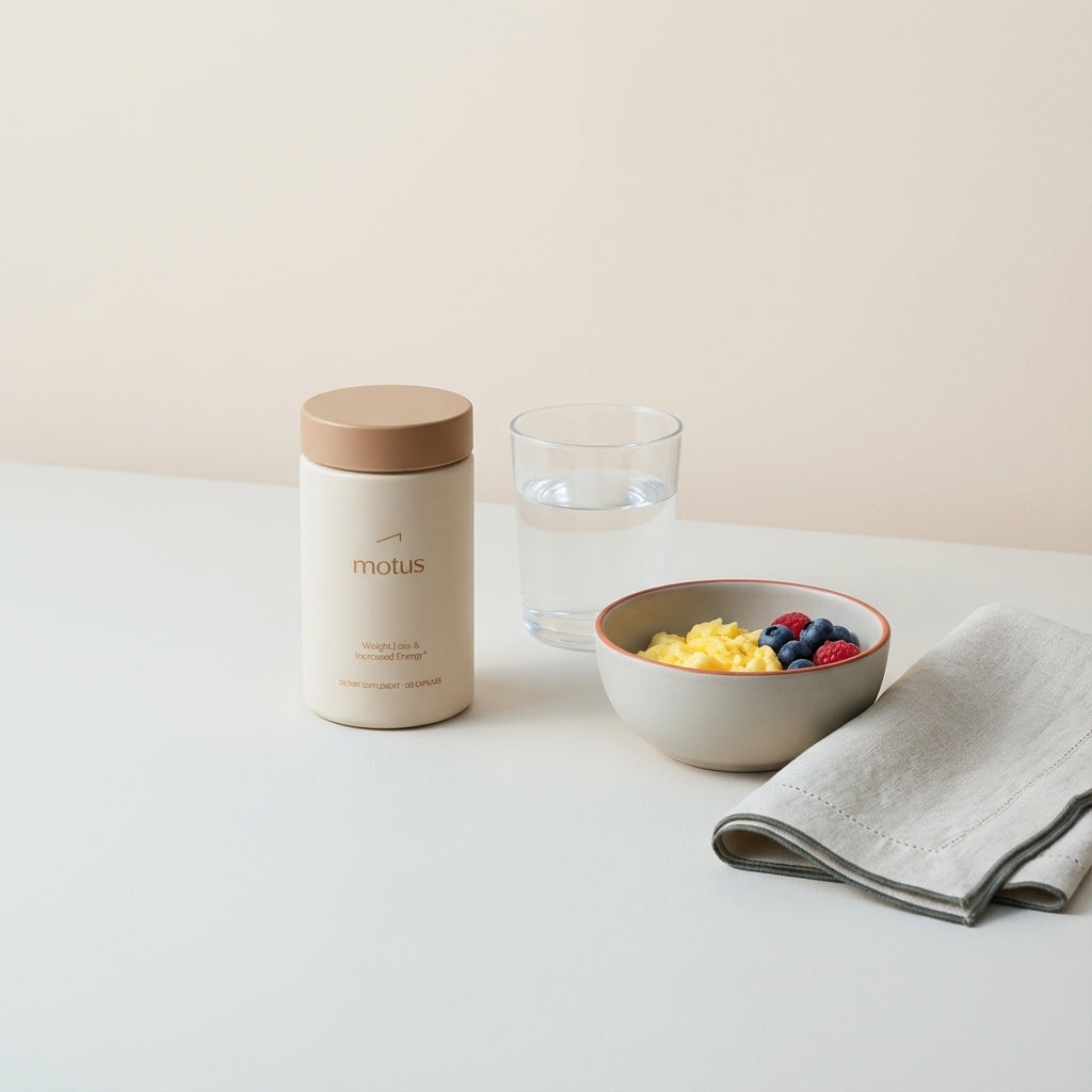 Minimalist tabletop with Tonum Motus supplement jar beside a glass of water, small bowl of eggs and berries, and folded towel — calm clinical scene to boost metabolism fast.