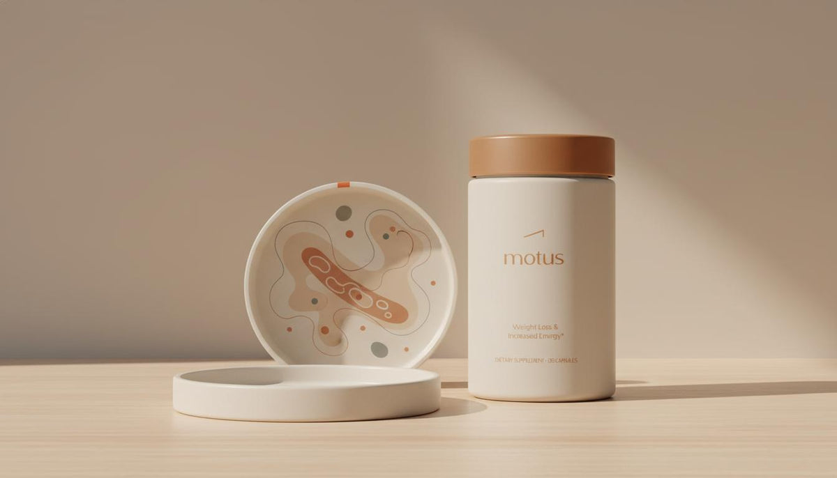 Minimalist still life of a Tonum supplement container beside a ceramic petri dish with an abstract mitochondria illustration on a shallow wooden table, evoking research-backed brain energy.