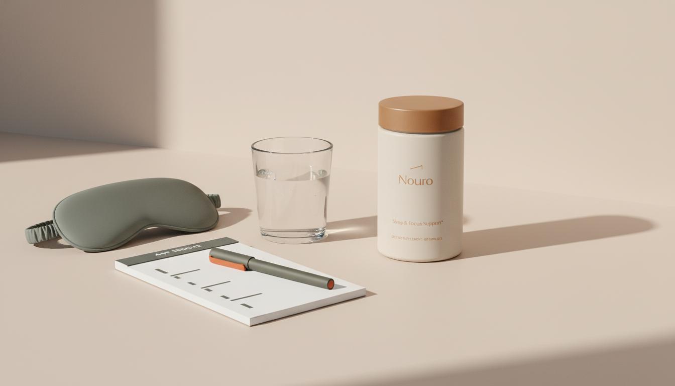 Minimalist Tonum product shot of the 'Nouro' supplement jar beside a glass of water, folded sleep mask and notepad on beige background, evoking focused routine to relieve brain fog.