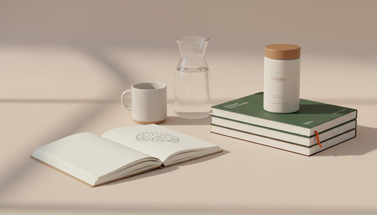 Minimalist desktop with Tonum Nouro jar on scientific journals, open notebook, ceramic mug, glass carafe and a simple brain diagram on beige background #F2E5D5 addressing brain fog.