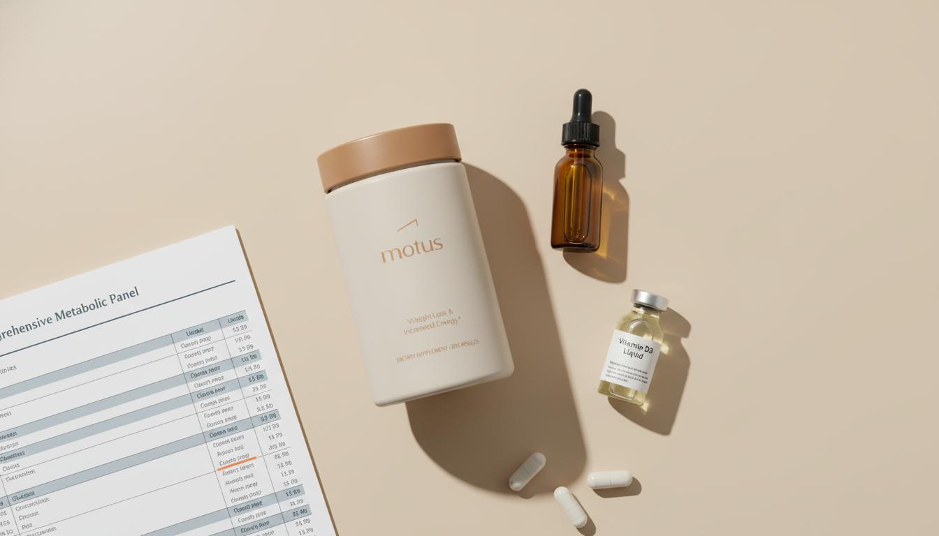 Minimalist flat-lay of Tonum supplement container with amber dropper vial, vitamin D vial, capsules and blurred lab report on beige #F2E5D5 background suggesting brain fog relief