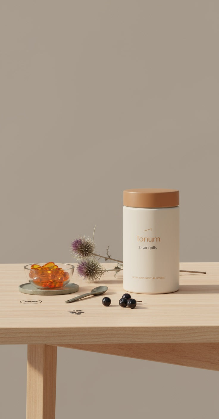 Minimalist still-life of a Tonum supplement jar labeled brain pills on a wooden table with fish oil capsules, milk thistle sprig and berries against a Tonum beige background.