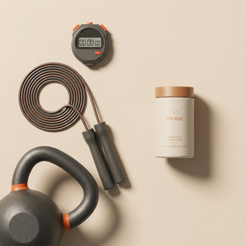 Minimalist flat-lay of a kettlebell, coiled jump rope, stopwatch and Tonum Motus supplement container suggesting tools to burn 500 calories in 30 minutes on a beige #F2E5D5 background.