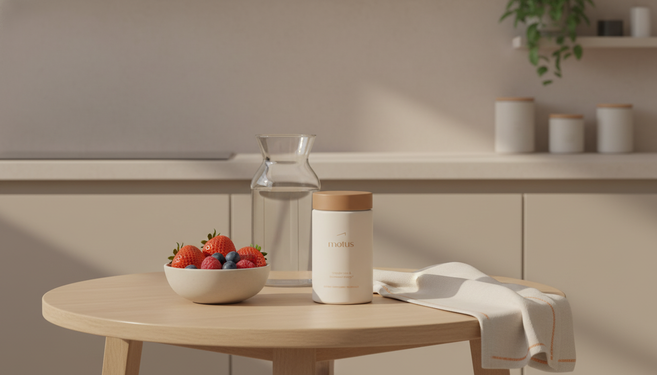 Minimalist kitchen scene with Tonum Motus jar beside glass carafe and bowl of berries on a wooden table; calm morning light and Tonum brand accents promote burn fat in 7 days.