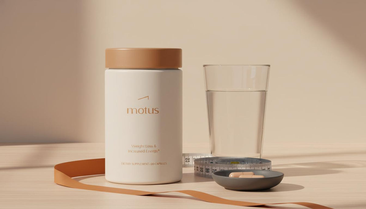 Minimalist Tonum supplement jar on beige background (#F2E5D5) with glass of water and measuring tape, promoting how to burn stored fat.