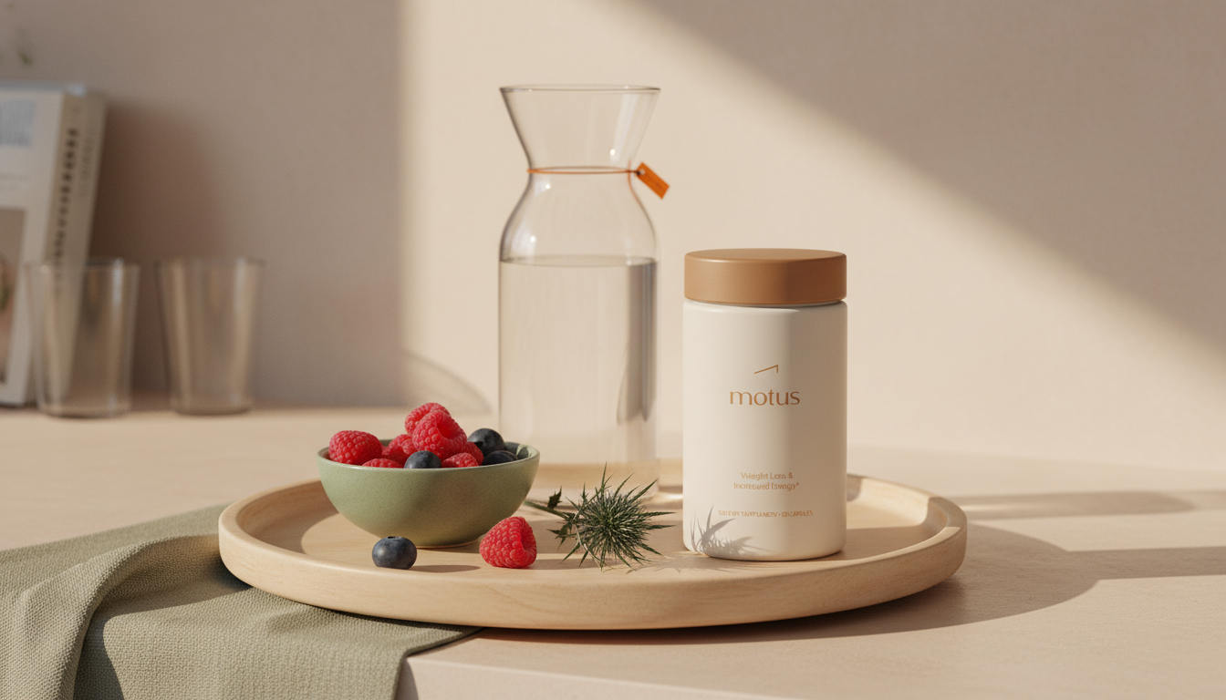 Minimal kitchen still life with Tonum Motus jar, glass carafe, bowl of berries and milk thistle on a wooden tray, conveying measured self-care and a burn supplement