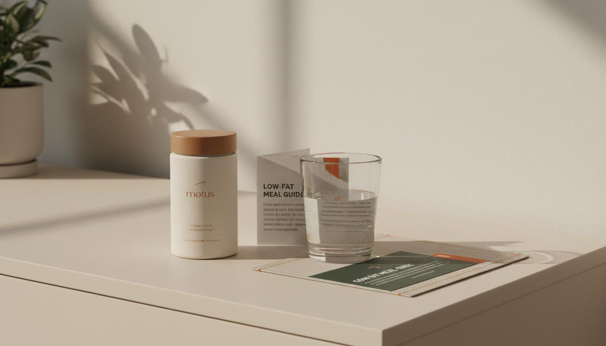 Minimalist bedside still life with Tonum Motus jar beside a glass of water and folded low-fat meal guide on a beige napkin in soft morning light — buy orlistat over-the-counter