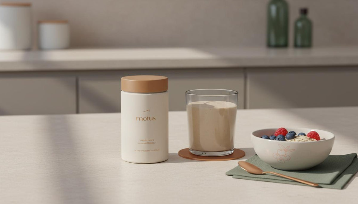 Minimal kitchen counter with Tonum Motus container, clear glass protein shake and bowl of berries and oats, visual for best meal replacement protein