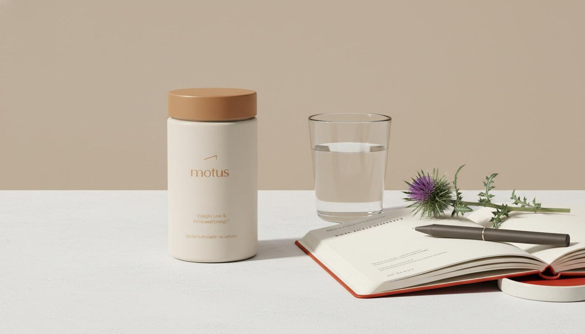 Minimalist still-life of Tonum supplement jar with milk thistle sprig, open notebook and glass of water on beige background (#F2E5D5), illustrating phosphatidylserine side effects