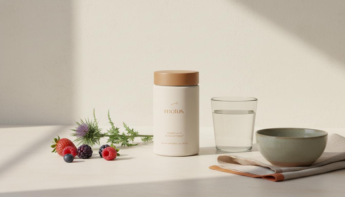 Minimalist kitchen still-life with Tonum Motus supplement jar, berries and milk thistle beside a glass of water, illustrating how to take berberine for weight loss