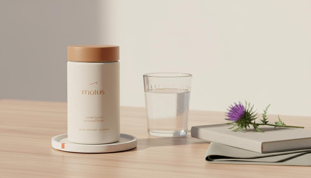 Minimalist tabletop scene with Tonum Motus jar, glass of water, closed journal and milk thistle sprig on pale background — best weight loss pills