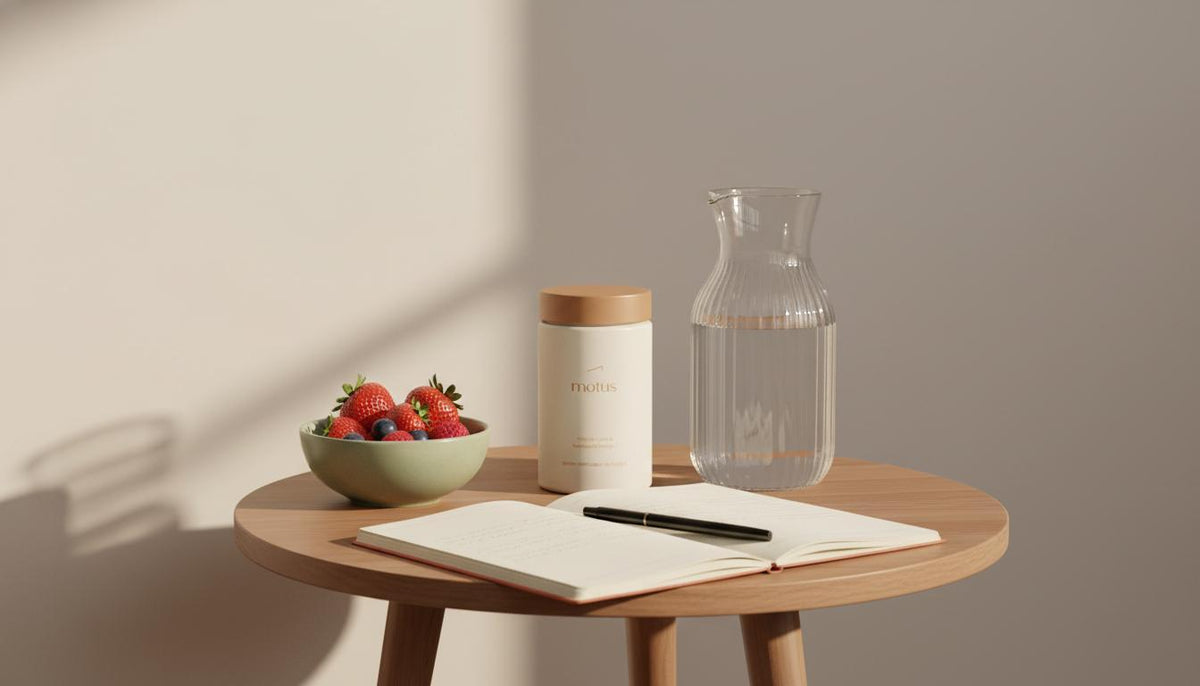 What burns menopausal belly fat? Minimalist bedside still-life with the Tonum Motus supplement jar beside a glass carafe, small bowl of berries and an open wellness notebook in soft morning light.