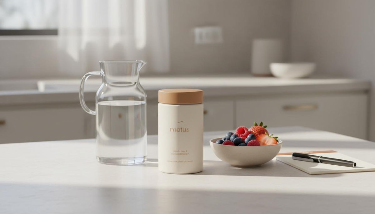 Minimalist kitchen counter with Tonum 'Motus' jar beside a carafe, bowl of berries and notepad, evoking balance, routine and hormone balancing supplements.