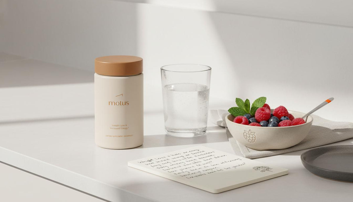Minimalist kitchen counter with a Tonum supplement jar next to a bowl of berries and glass of water, calm wellness scene for weight loss pills and nutrition articles.