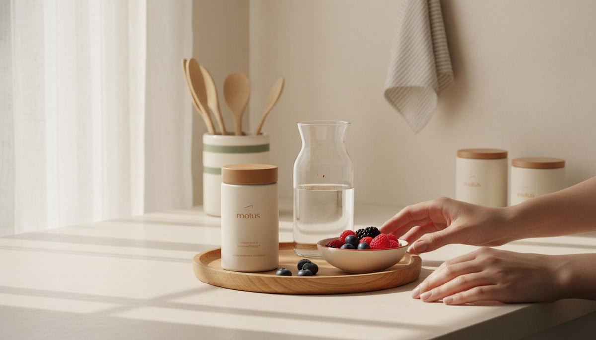 Minimalist kitchen counter with Tonum Motus supplement jar on a wooden tray beside a carafe and bowl of berries, hands reaching—visual for poor metabolism.