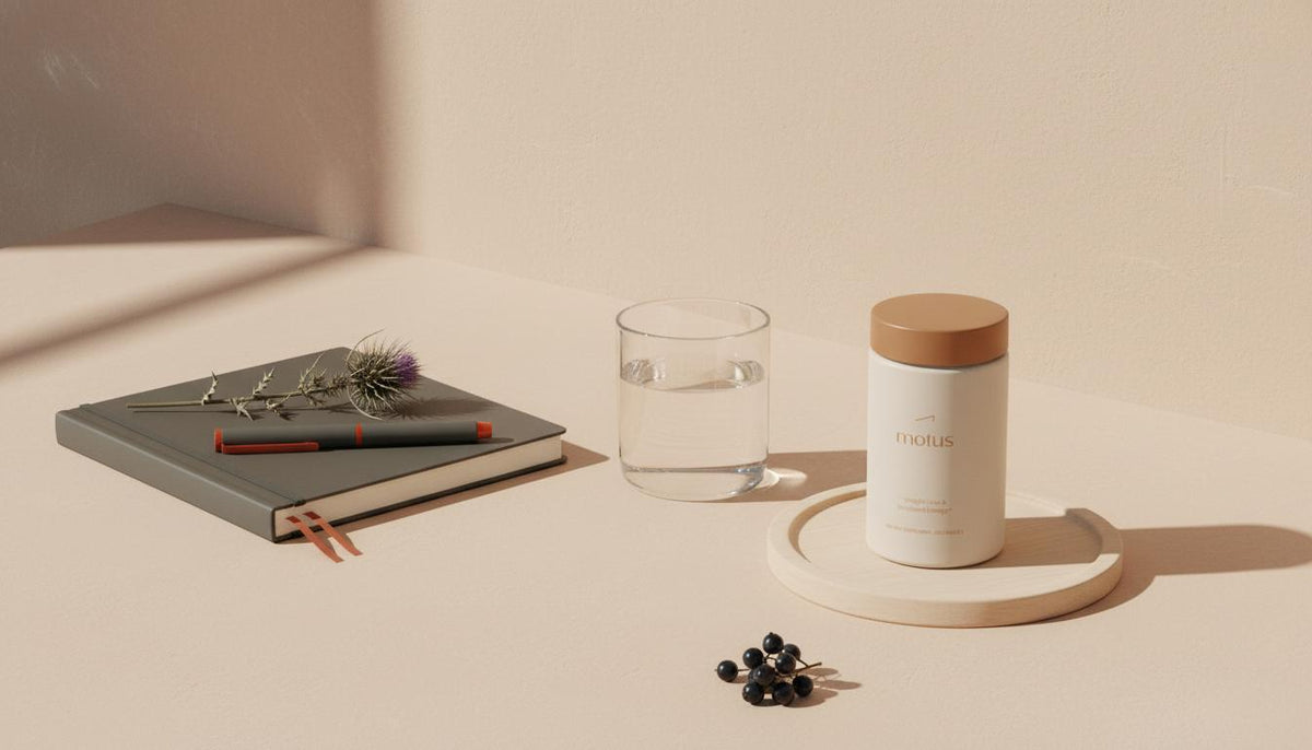 Minimal morning kitchen scene with a Tonum Motus supplement jar beside water, a notebook, and a milk thistle sprig, conveying vitamin B12 weight loss and mindful wellness.