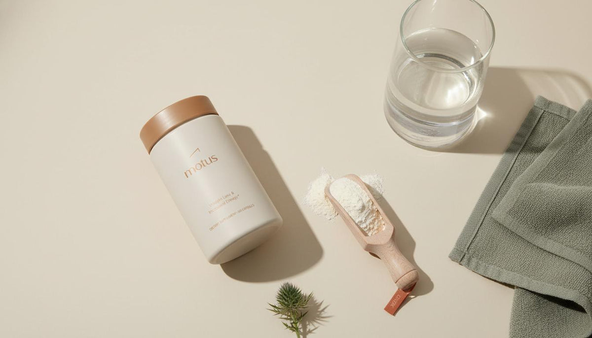 Flat-lay of Tonum “Motus” supplement jar with whey powder scoop, glass carafe, towel, and milk thistle on beige background — best time to take whey protein for weight loss