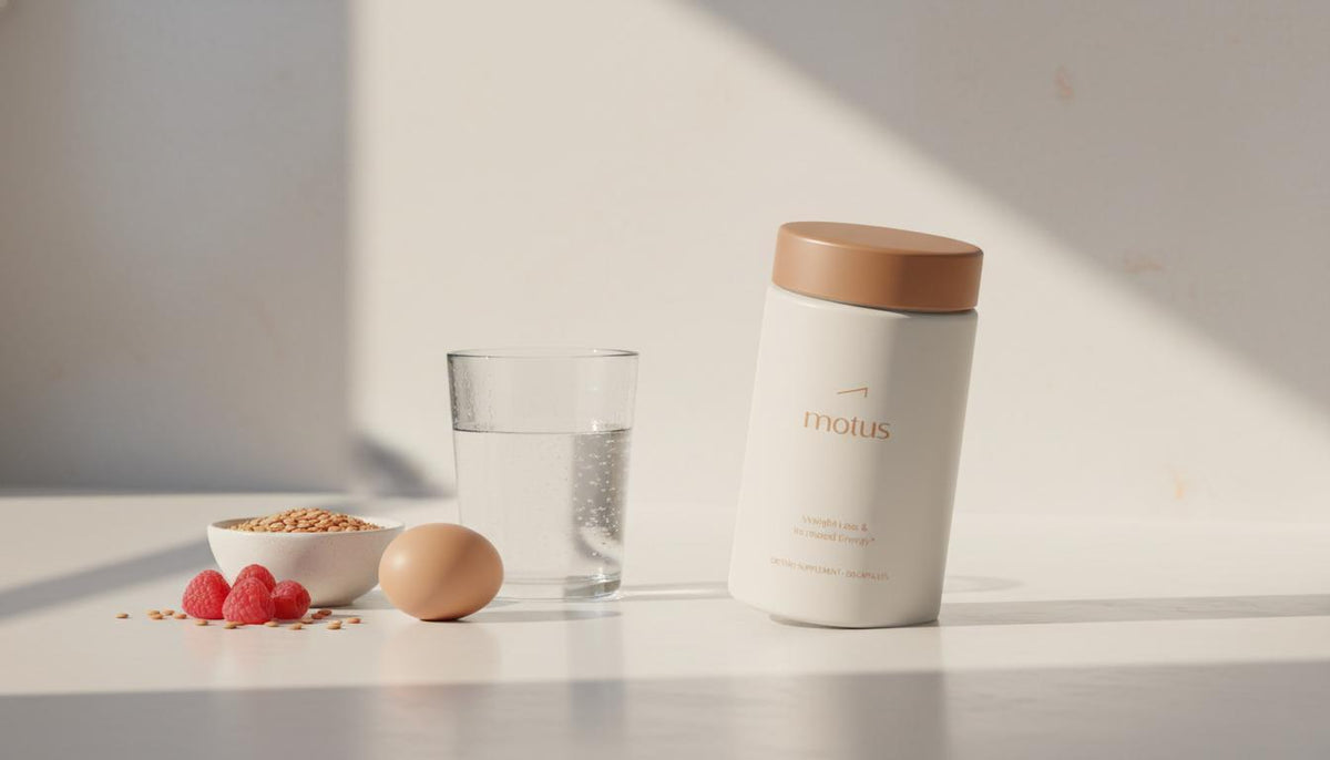Minimalist sunlit kitchen counter with Tonum Motus bottle beside berries, an egg, a small bowl of legumes and water, evoking clean wellness to increase your metabolism.
