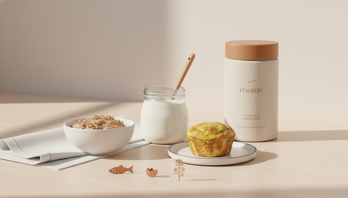 Minimalist still-life of tuna, Greek yogurt, egg muffin and Tonum Motus jar in background on light wood table, highlighting a 30g protein snack in a clean clinical-meets-lifestyle style