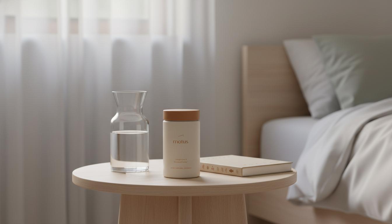 Minimalist morning scene: Tonum Motus supplement jar on round wooden table beside glass carafe and journal, soft natural light, calm wellness mood, ashwagandha.