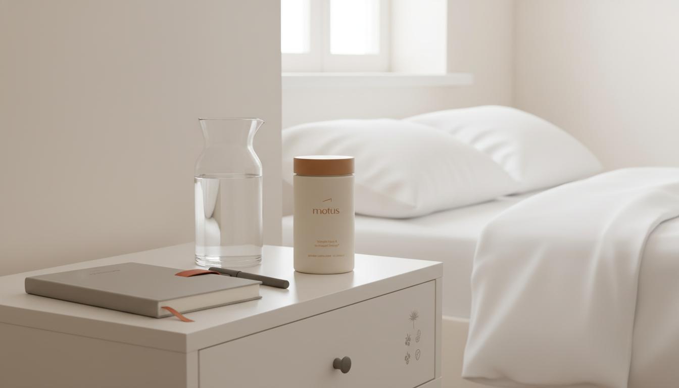 Minimalist bedside scene with Tonum Motus supplement jar next to a glass carafe and notebook, conveying menopause weight loss wellness in a calm beige setting.