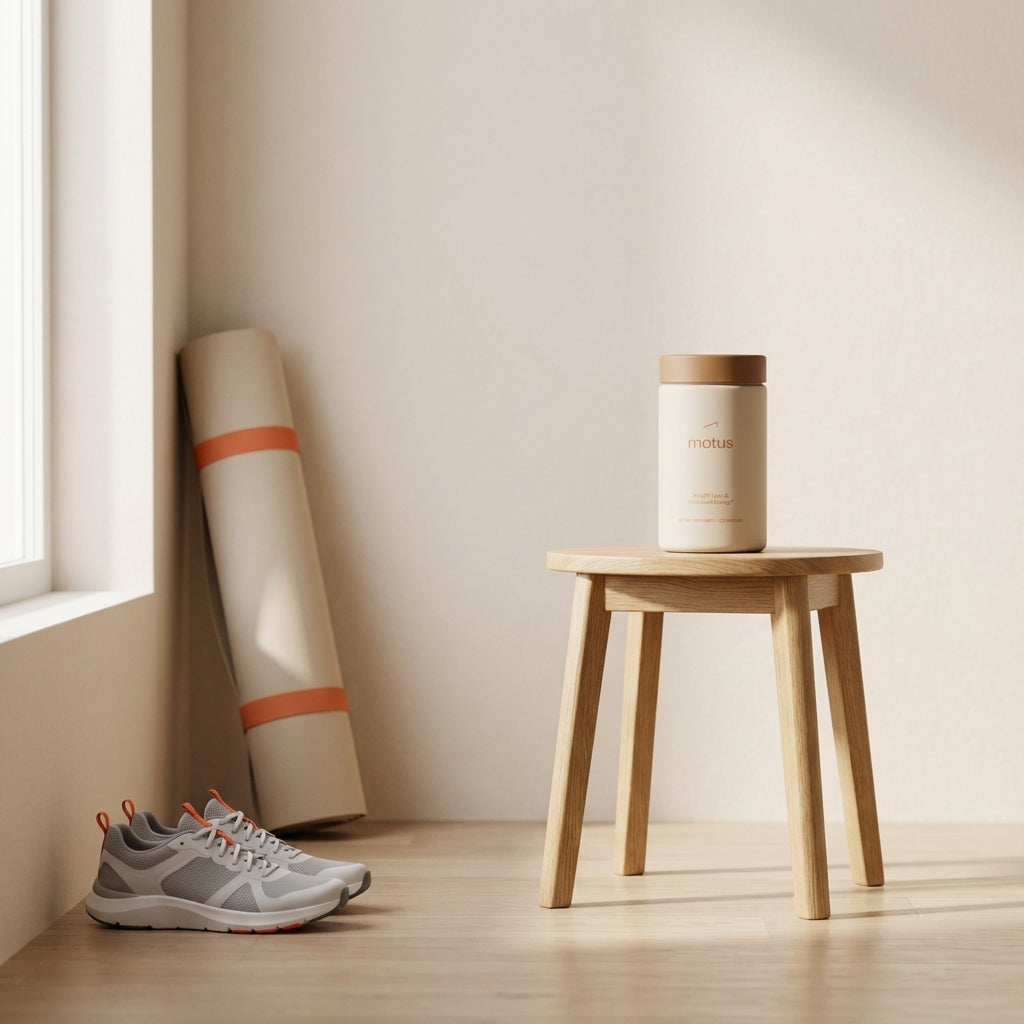 Minimalist workout corner with yoga mat, running shoes and a Tonum supplement container on a wooden stool, soft natural light highlighting efficient routines and calories burned per minute