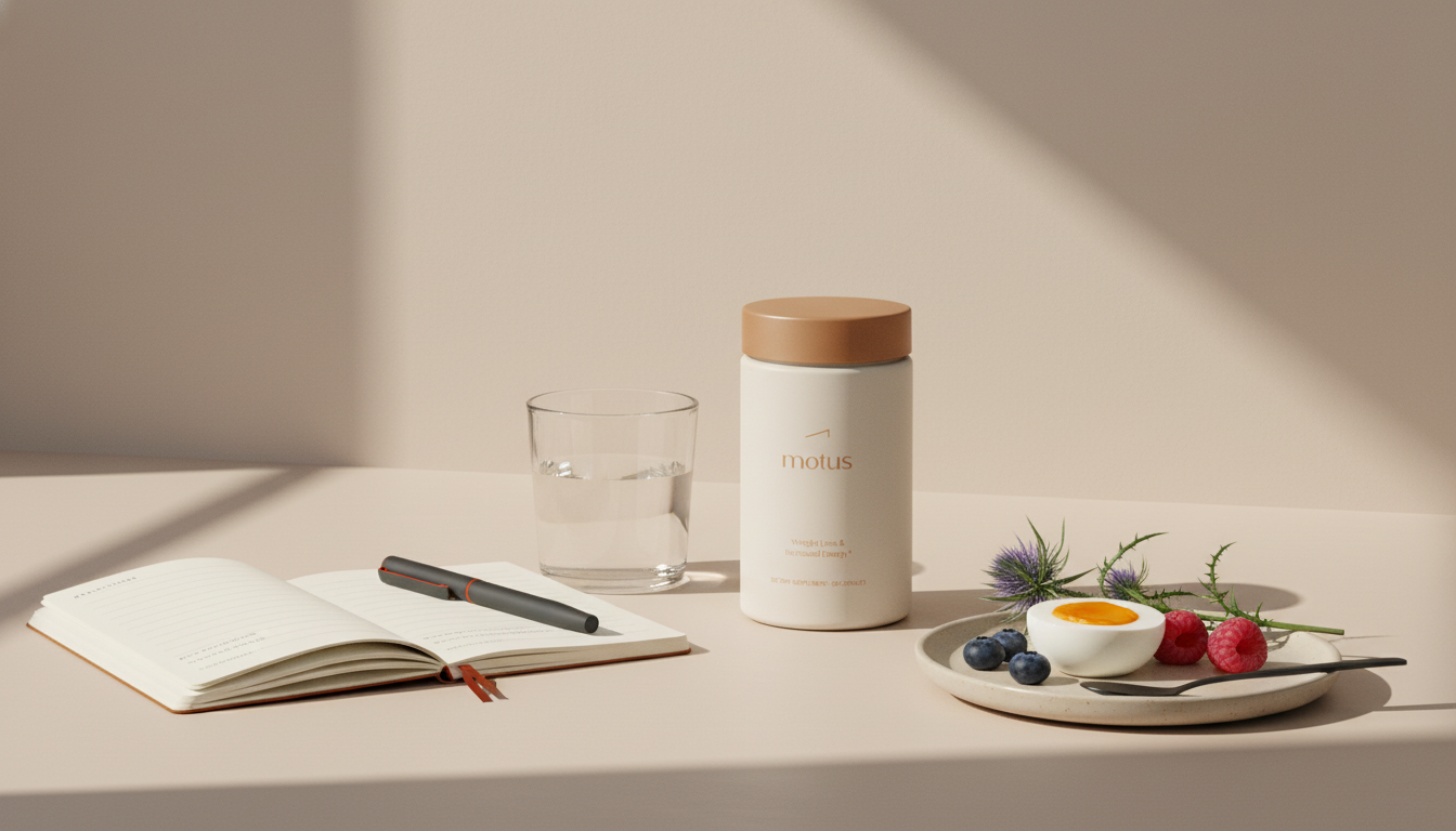 Minimalist kitchen scene with Tonum Motus supplement next to notebook, glass of water, egg and milk thistle sprig — can b12 deficiency cause weight gain