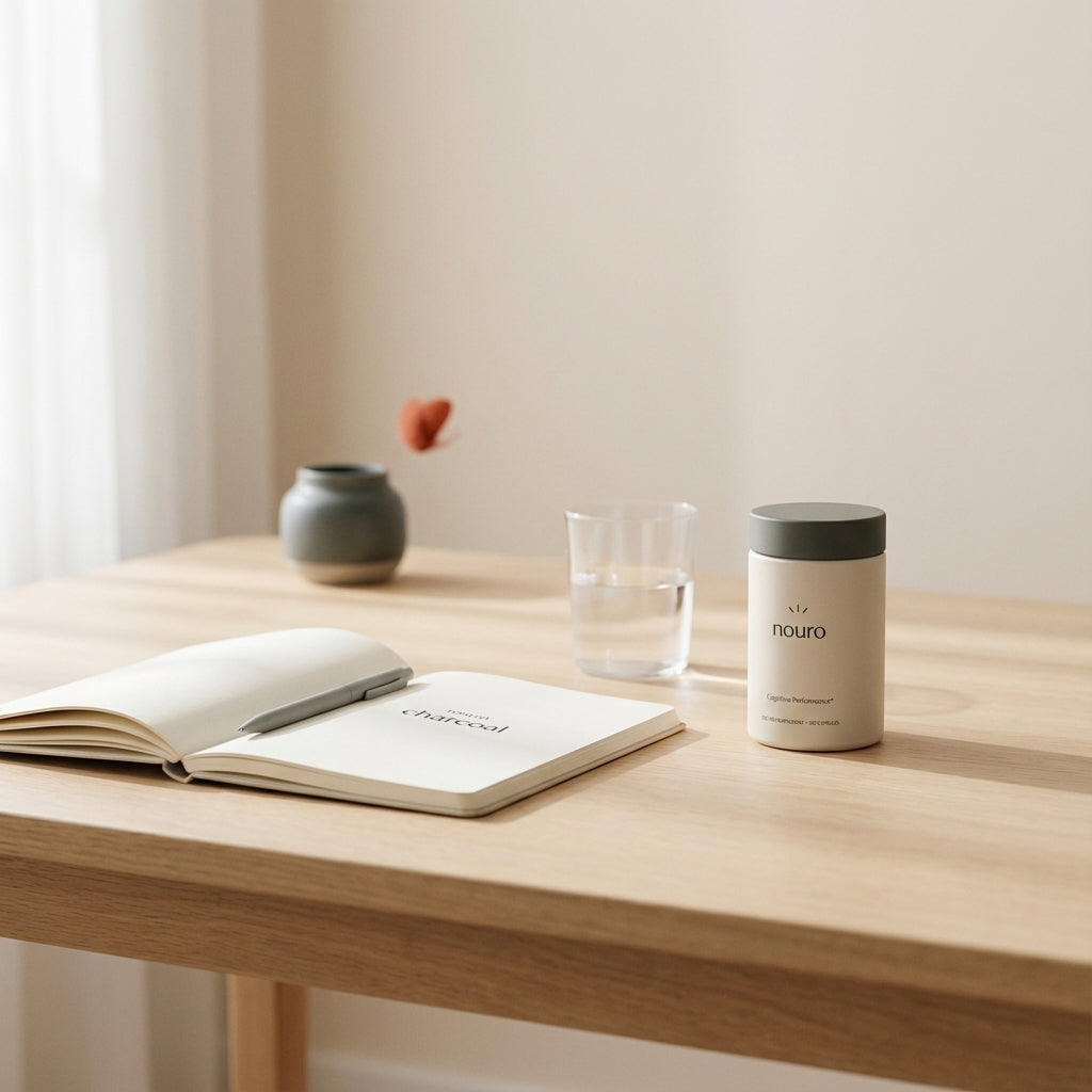 Minimalist workspace with notebook, glass of water and Tonum supplement container labeled 'Nouro' suggesting brain health — can early detection slow dementia