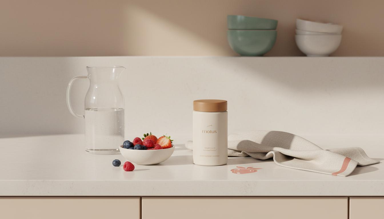 Minimalist kitchen counter with Tonum Motus jar beside carafe, bowl of berries and towel — can i drop 10 pounds in 3 days