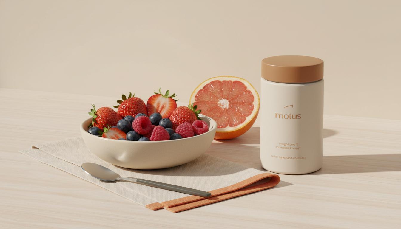 Can I eat fruit if I quit sugar: minimalist still life of mixed berries, sliced grapefruit and Tonum Motus supplement on pale beige background.
