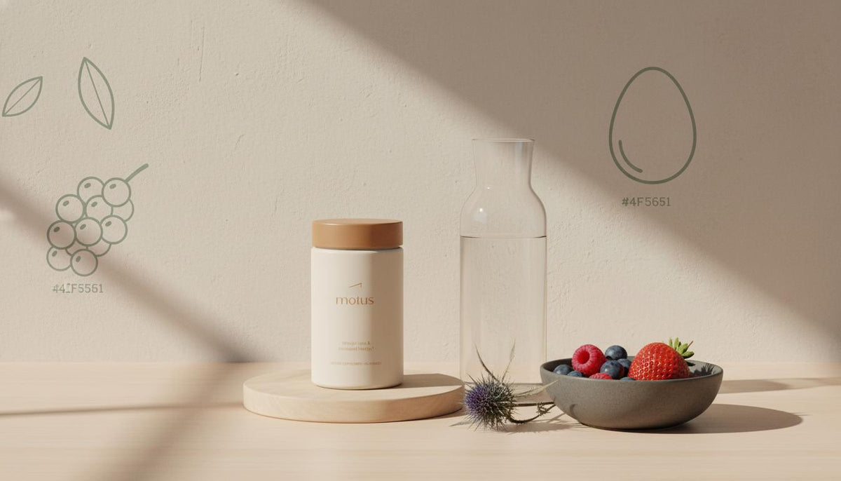 Minimalist kitchen counter with Tonum Motus supplement jar beside a glass carafe, bowl of berries and milk thistle sprig — Can I lose 20 pounds in 1 month on keto?