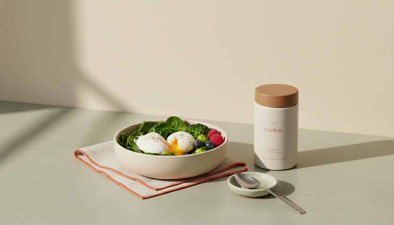 Minimal kitchen counter with poached eggs, steamed greens, berries and Tonum Motus container in a calm clinical-meets-lifestyle scene — Can I slim down in 3 days?