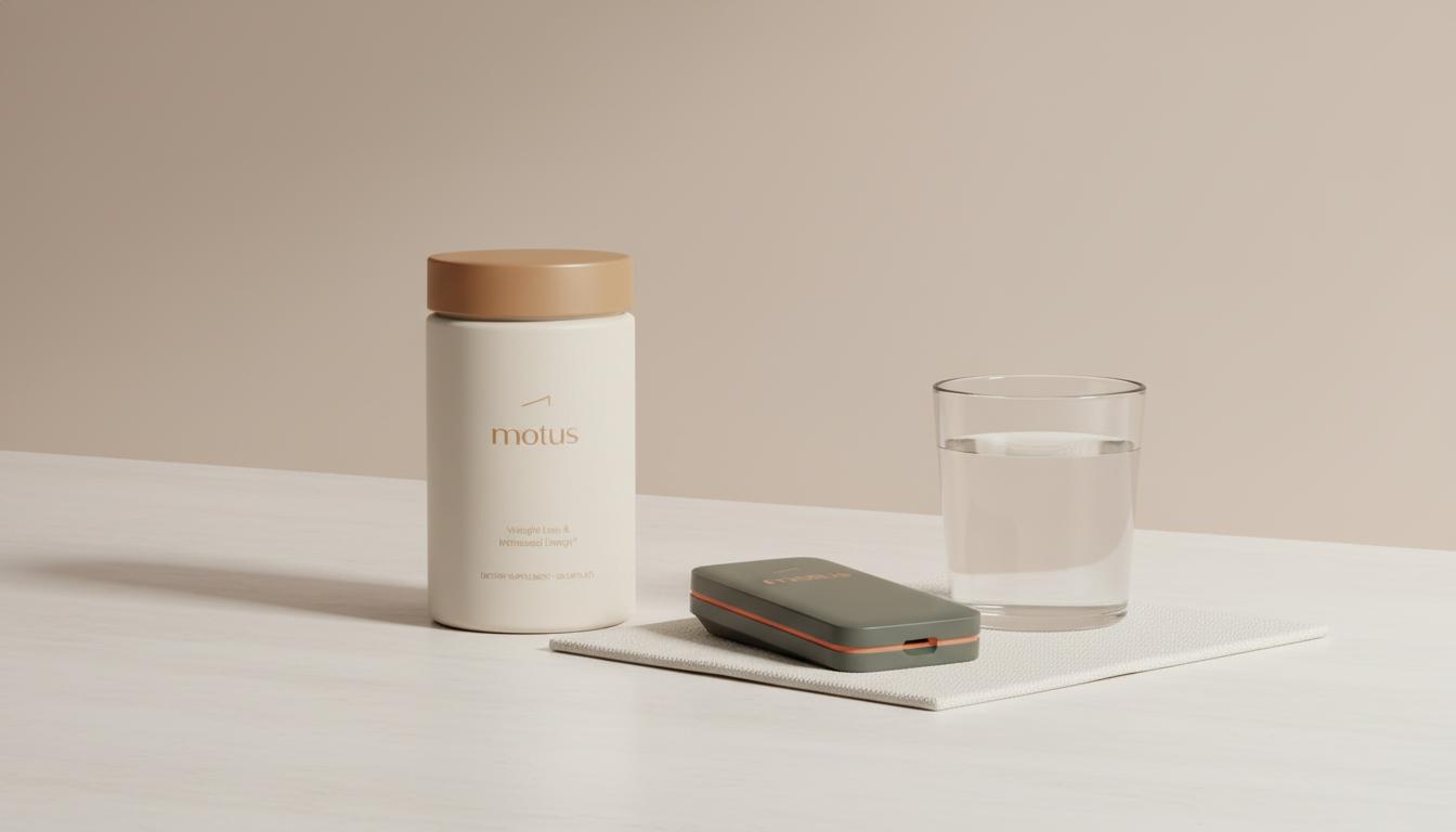 Minimal kitchen counter still life with Tonum Motus bottle, glucose meter and glass of water on a #F2E5D5 background, conveying diabetes self-care — can insulin cause dizziness