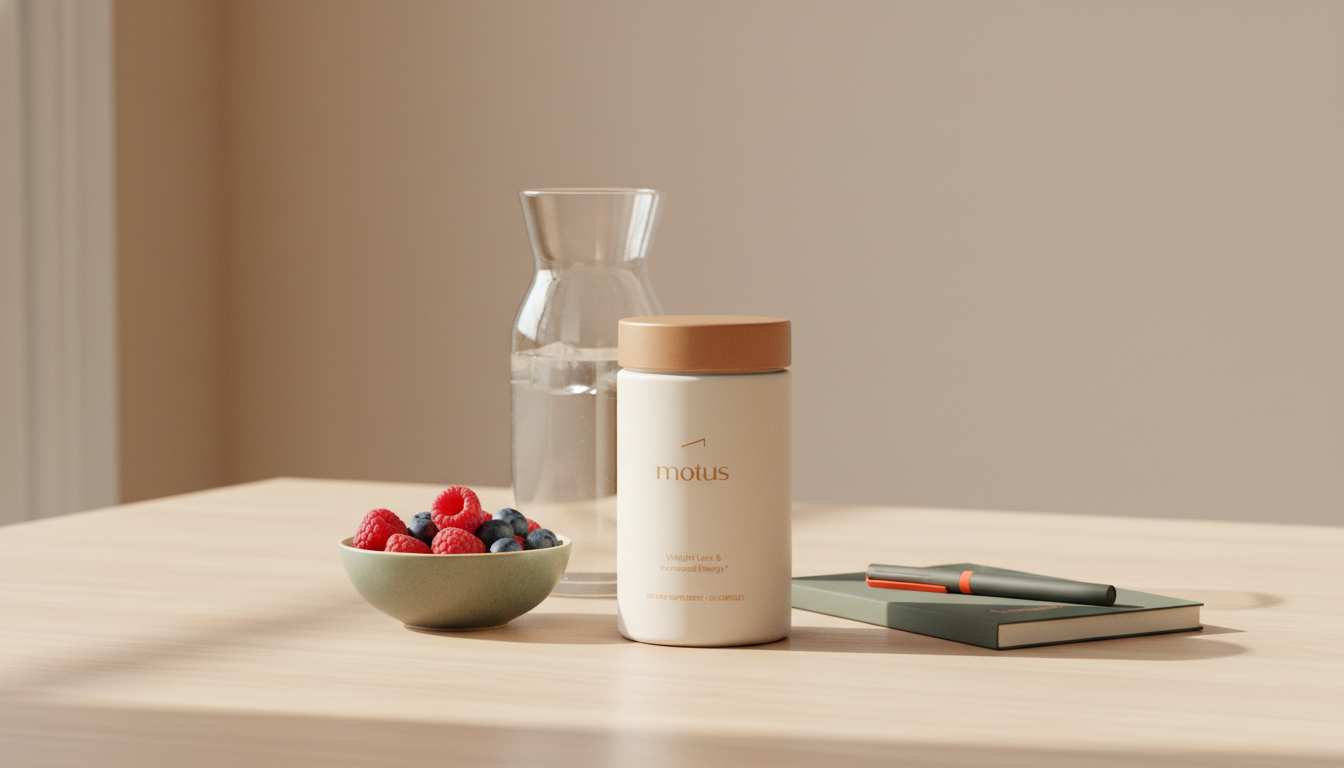 Can nutrition coaches give meal plans? Minimalist kitchen tabletop with Tonum Motus bottle from reference photo, bowl of berries, water carafe and notebook, calm scientific lifestyle composition.