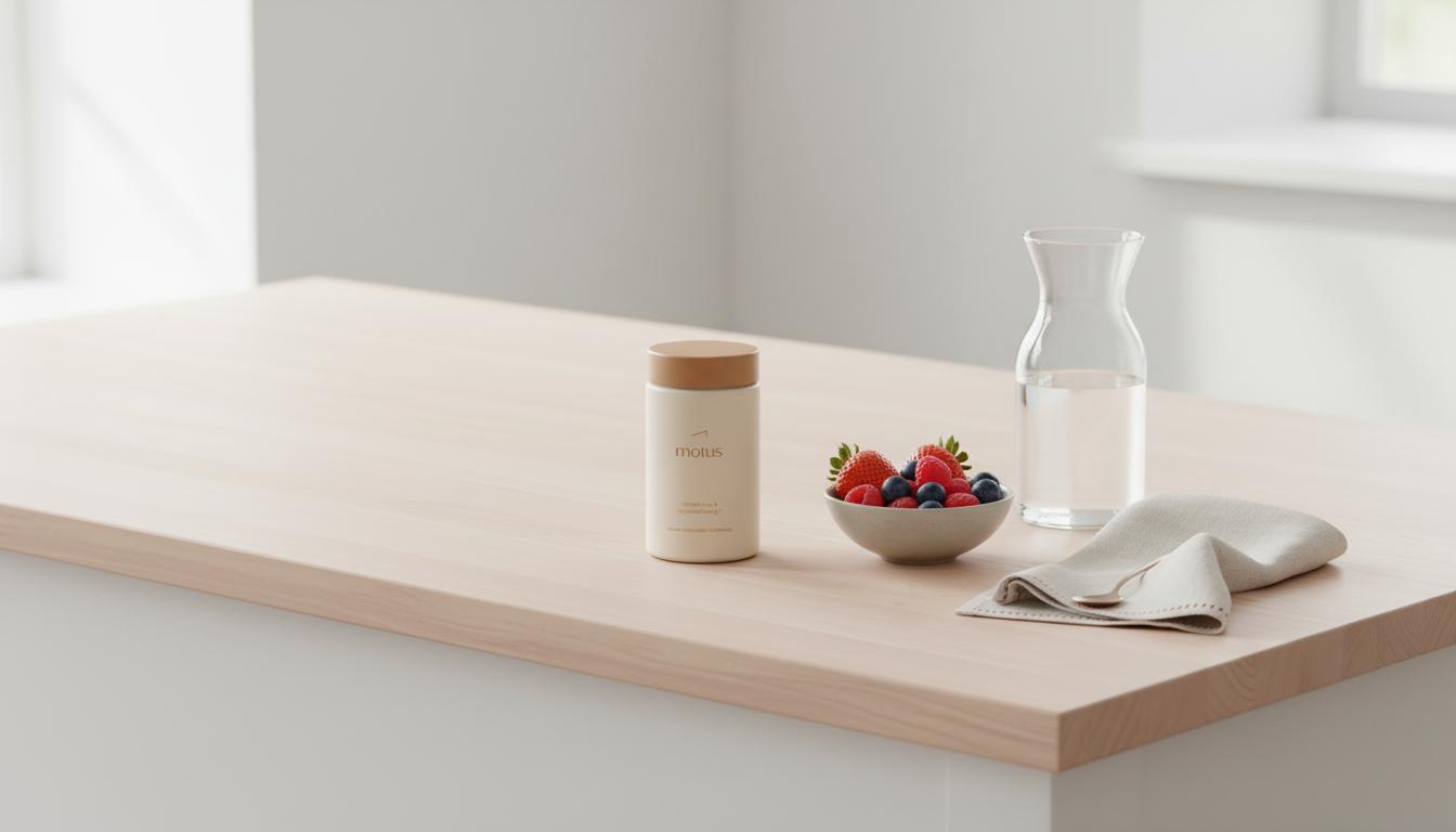 Minimalist kitchen counter with Tonum Motus supplement jar beside mixed berries, glass carafe and linen napkin — can probiotics speed up metabolism lifestyle and nutrition scene