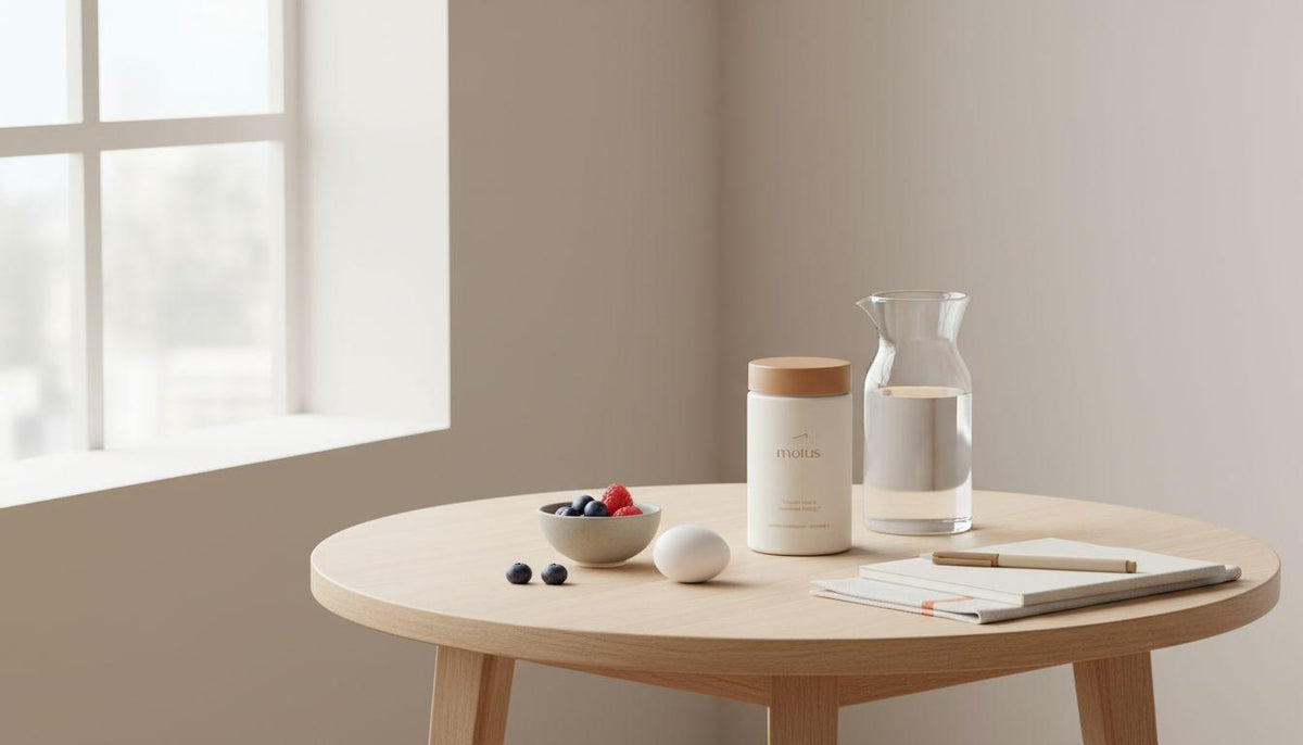Minimalist morning kitchen scene with Tonum supplement jar beside a carafe, bowl of berries and a single egg, evoking wellness — can vitamin d reduce belly fat