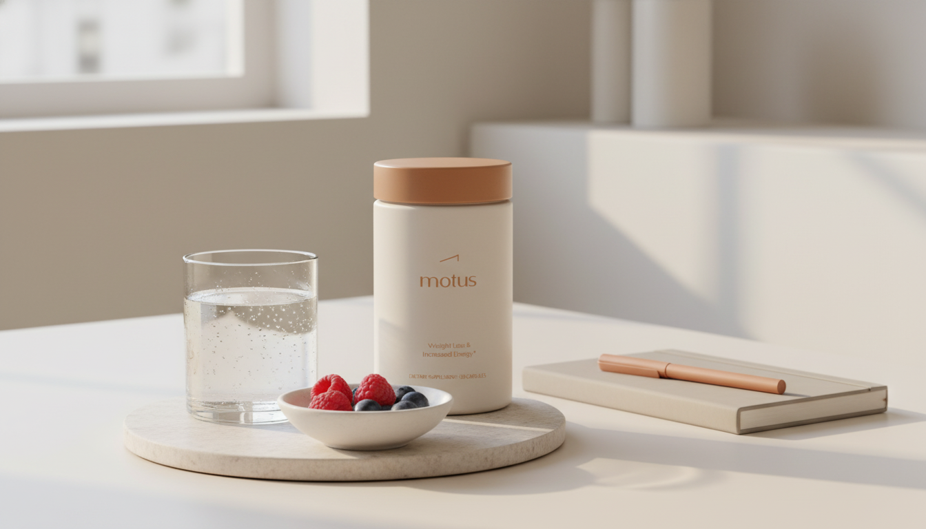 Minimalist kitchen vignette with Tonum Motus bottle, bowl of berries, glass of water and journal on beige background — can you buy phentermine without prescription